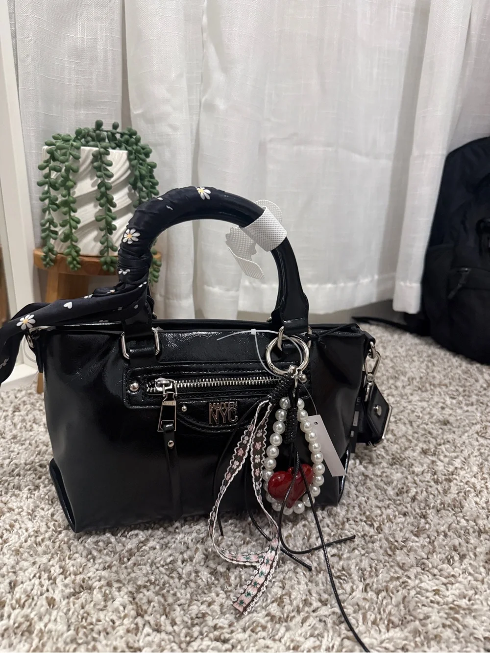 Madden NYC Black Patent Leather Satchel with Pearl Charm